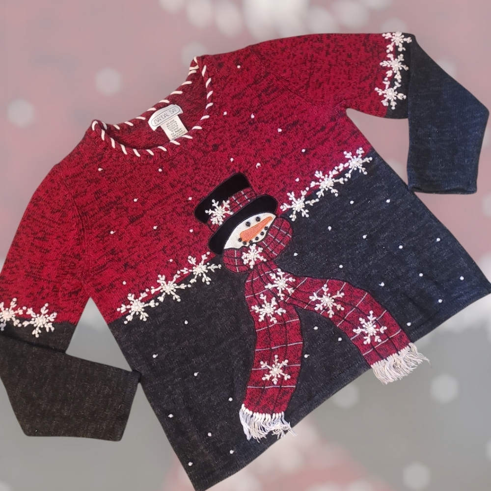 Mandal Bay Christmas Sweater Medium Red and Black Snowman Snowflakes Beaded